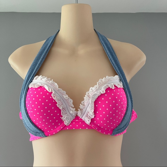 Beach Bunny Padded Halter Bikini Top Pink Polkadot Ties Size XS